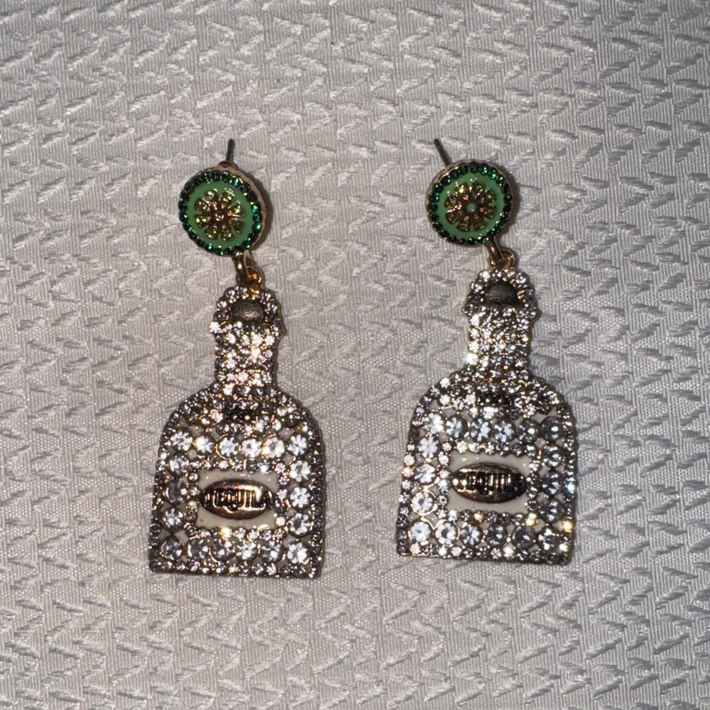 Tequila Bottles and Limes Sparkling Silver and Green Earrings
